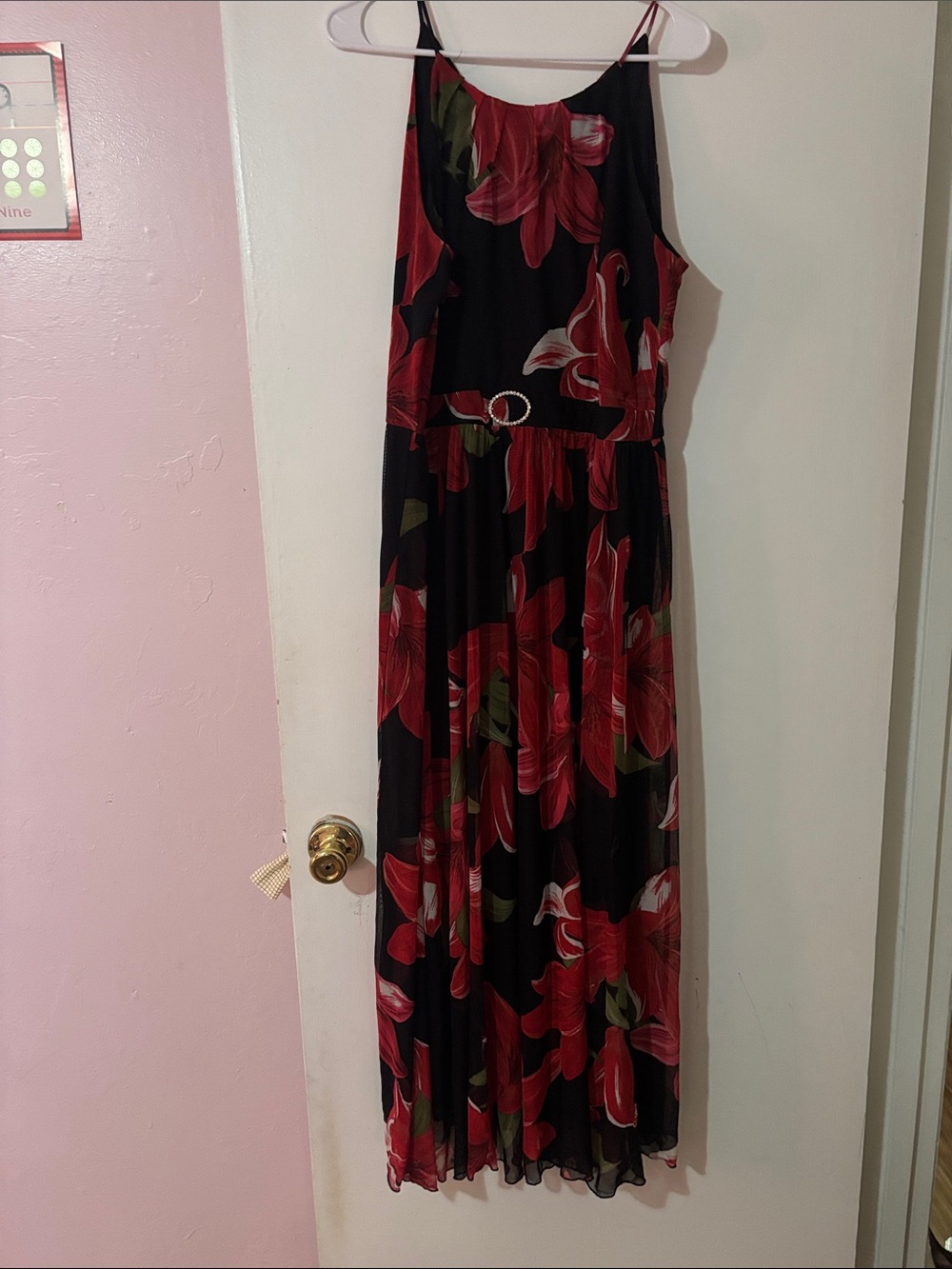 Black Maxi Dress with Red Floral Print and Ring-Accent Waist